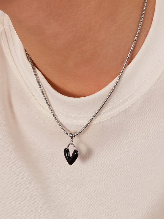 Noir Heart Pendant Necklace – Enamel & Steel