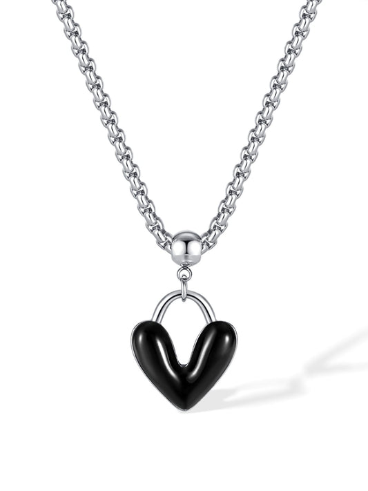 Noir Heart Pendant Necklace – Enamel & Steel